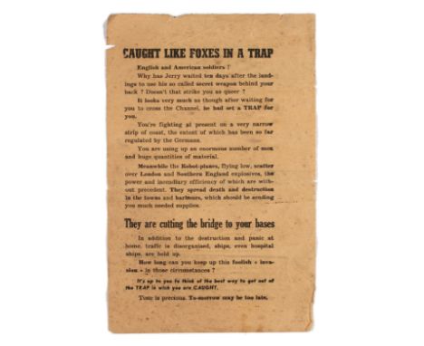 Original vintage airborne leaflet propaganda flyer issued by the Nazi Germany, entitled Caught Like Foxes in a Trap. Flyer ai