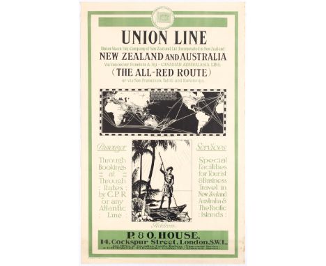 Original vintage travel advertising poster for Union Line Steam Ship company of New Zealand, advertising routes fom Vancouver