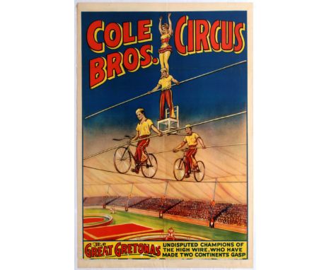 Original vintage advertising poster promoting Cole Bros Circus - The Great Gretonas.  This high wire act was a Cole Bros feat