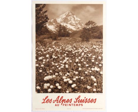 Original vintage travel poster for the Swiss Alps. Black and white photo of flowers in bloom under a mountain in St Moritz wi