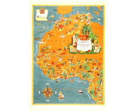 Original vintage pictorial map of North Africa: French Union, featuring color coded list of agencies and a coat of Arms on up