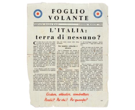 Original vintage airborne leaflet propaganda flyer issued in Great Britain to be dropped over the Italian troops, it is entit