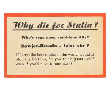 Original vintage airborne leaflet propaganda flyer titled why die for Stalin? Main message reads; 'Why die for Stalin? Whos y