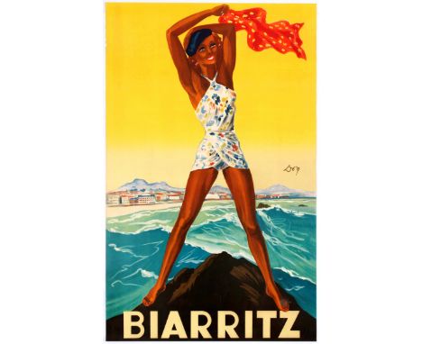 Original vintage travel advertising poster for Biarritz, an elegant seaside town on southwestern France’s Basque coast, has b