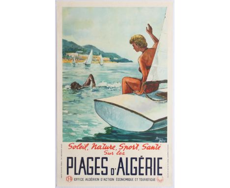 Original vintage travel poster for Plages d'Algérie (Beaches of Algeria) . Blein Jaques illustration depicts a woman sitting 