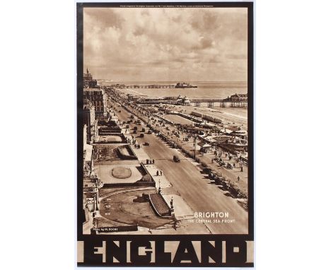Original vintage travel advertising poster for Brighton, England. The description reads "Brighton, the central seafront" feat