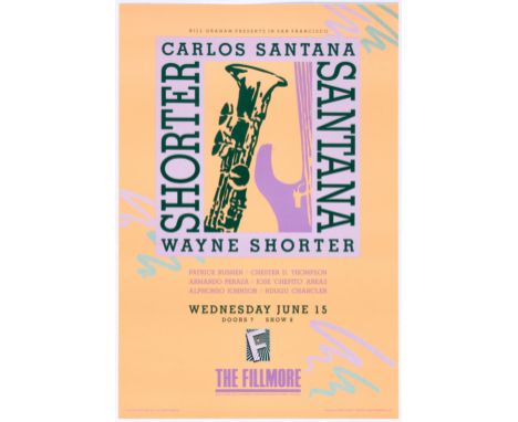 Original vintage music poster  promoting concerts presented by Bill Graham for Carlos Santana and Wayne Shorter. Concert taki