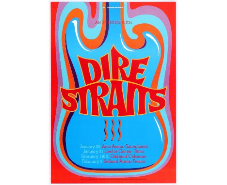 Original vintage music poster  promoting concerts presented by Bill Graham for Dire Straits. Concert taking place January 30 