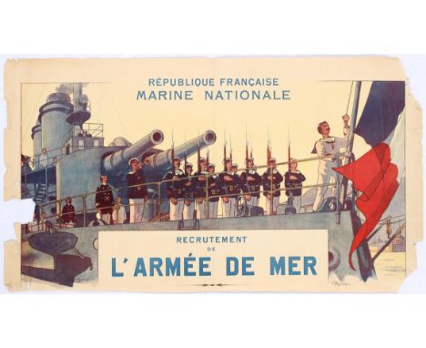 Original vintage recruitment propaganda poster for Republique Francais Marine Nationale, Recrutement de l'Armee De Mer (Frenc