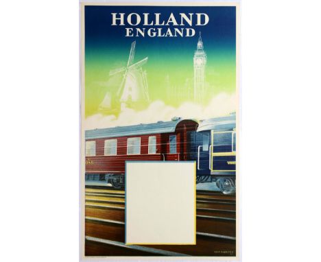 Original vintage railway poster promoting train travel between Holland and England. Illustration features a train passing in 