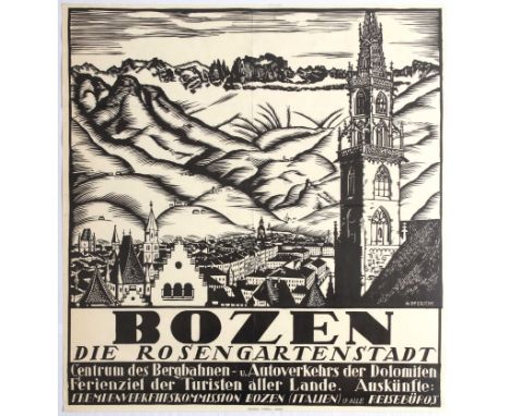 Original vintage travel poster for Bozen. Bolzano (Italian) or Bozen (German), is the capital city of South Tyrol, the German