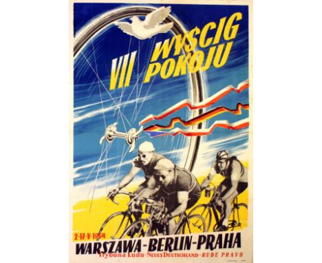Original vintage poster for the VII Peace Cycling Competition, Zavod Miru, Warszawa - Berlin - Praha, 2-17 May 1960, Trybuna 