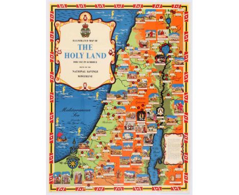 Original vintage poster showing an illustrated map of Holy Land, issued by the National Savings Movement for use in schools. 