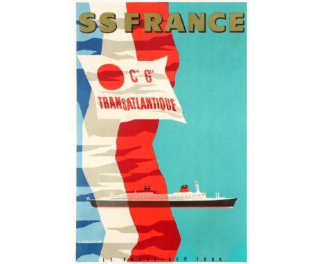 Original vintage advertising poster for SS. France transatlantic cruise from Le Havre to New York.  Illustration shows a crui