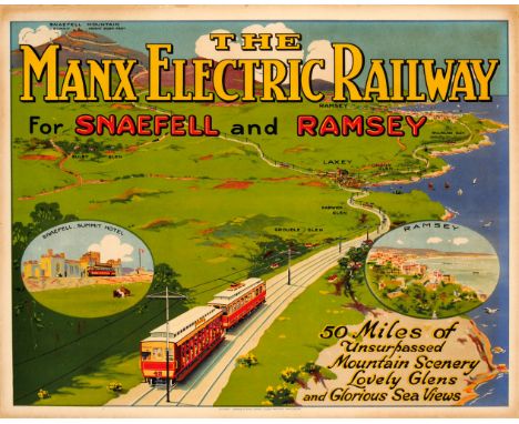 Original vintage travel poster promoting The Manx Electric Railway. Great aerial view of the route with the text: The Manx El