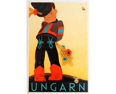 Original vintage travel poster for Ungarn (Hungary).  Gitta Mallasz illustration shows a shy looking boy in tradional Hungari