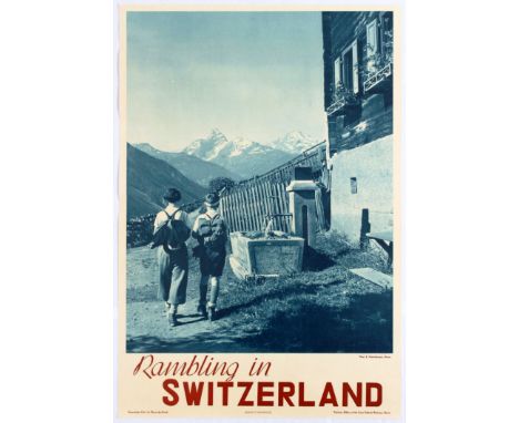 Original vintage travel poster advertising rambling in Switzerland. Blue monochrome photograph by E. Meerkamper depicts two p