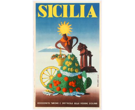 Original vintage travel advertising poster for Sicily by ENIT (the Italian Tourist Agency). Colourful image featuring the sha