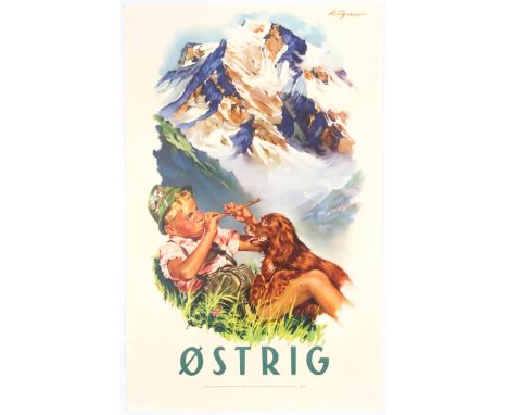 Original vintage travel poster promoting Austria. Paul Aigners illustration depicts a boy in traditional Austrian attire whit