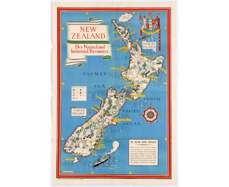 Original vintage World War Two pictorial illustrated map for New Zealand Her Natural and Industrial Resources featuring a gre