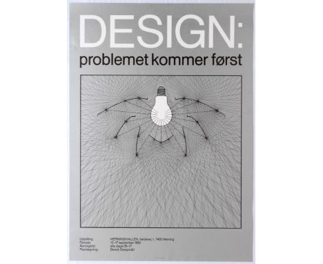 Original vintage poster promoting Design Problemet Kommer Forst, a Danish exhibition that translates as; 'Design: Issue Comes