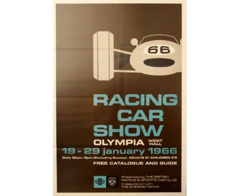 Original vintage poster for a racing car show at Olympia West Hall, 19-29 January 1966. Mid-century modern design with a car,