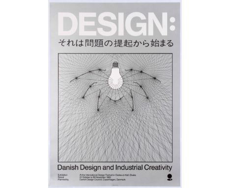 Original vintage poster promoting Design Problemet Kommer Forst, a Danish exhibition that translates as; 'Design: Issue Comes
