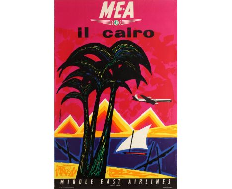 Original vintage travel advertising poster published in Italian promoting Il Cairo / Cairo in Egypt by Middle East Airlines M