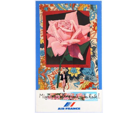 Original vintage travel poster promoting Air France, Mignons Allons Voir La Rose, gather lifes roses.  Roger Bezombes surreal