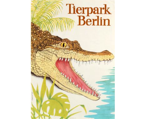 Original vintage advertising poster for the Tierpark Zoo in Berlin featuring a crocodile between green leaves near water agai