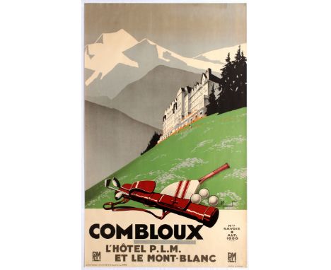 Original vintage travel poster for French commune Combloux. Illustration  shows a grand white hotel on top of a hill, with go