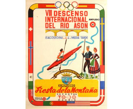 Original vintage sport poster in Spanish for the 8th International Descent of the Ason River 13 August 1961 Town Hall of Ampu