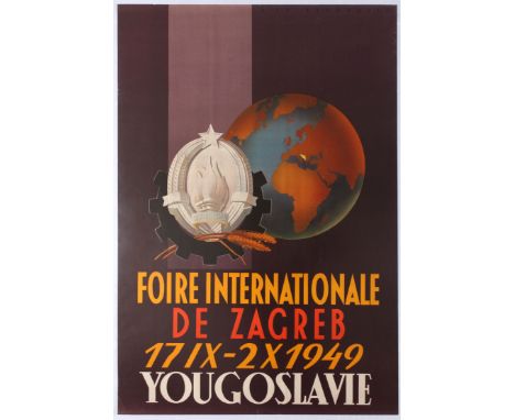 Original vintage poster promoting Foire Internationale de Zagreb in Yugoslavia. Illustration features the earth with Croatia 