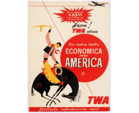 Original vintage table place card used by TWA (Trans World Airlines). Midcentury modern illustration depicts a cowboy bucking