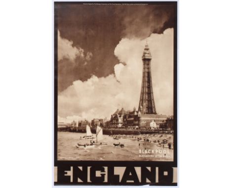 Original vintage travel advertising poster for Blackpool, England. The description reads "Blackpool, the playground of the wo