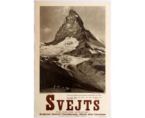 Original vintage travel poster for Switzerland, printed in Danish. Black and white photo of the Matterhorn peak in Zermatt, S