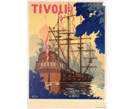 Original vintage travel poster promoting Tivoli. Bogelund's illustration shows a wooden galleon tall ship sailing on the wate