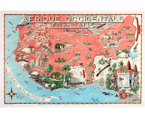 Original vintage poster showing an illustrated map of Afrique Occidentale Francaise (French West Africa.) Illustrations show 