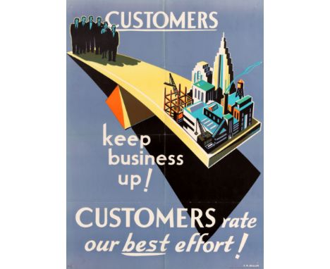 Original vintage workplace motivational poster - Customers keep business up! Customers rate our best effort! - featuring a st