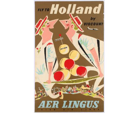 Original vintage travel advertising poster for Aer Lingus (Irish Airlines) promoting flights to Holland by Viscount airplane.