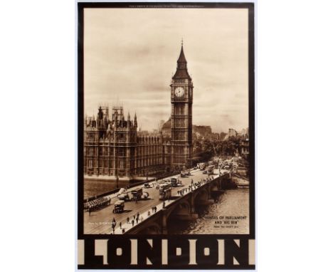 Original vintage travel advertising poster for Houses of Parliament, London. Description reads ' Houses of Parliament and 'Bi