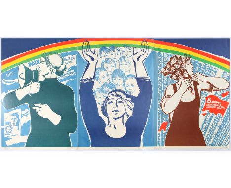 Original vintage Soviet poster promoting International Womens Day March 8 1978. Illustration shows a woman with a megaphone, 