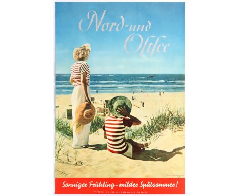 Original vintage travel poster promoting Nord-und Ostsee (North and East Sea), illustration shows a couple on the beach looki