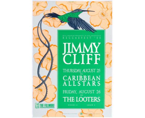 Original vintage music poster  promoting concerts presented by Bill Graham for Jimmy Cliff, Caribbean All Stars and The Loote