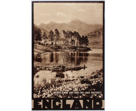 Original vintage travel advertising poster for Morcambe and the Lake District, England. Featuring a photo of the Lakes.Very g