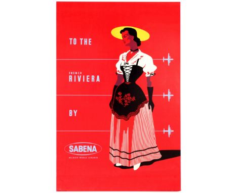 Original vintage travel advertising poster for Sabena flights to the French Riviera. The Societé Anonyme Belge d'Exploitation