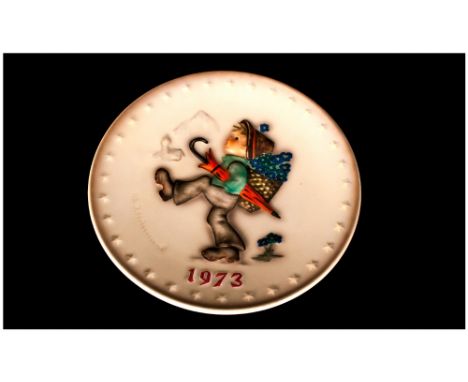 M. J. Hummel 3rd Annual Plate, Date 1973 ' Globe Trotter ' Number 266. Hand Painted and Hand Crafted. Diameter 7.5 Inches. Ne