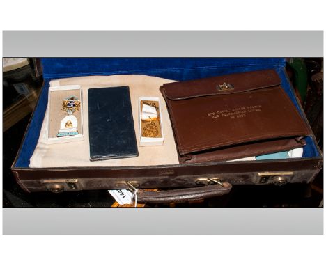 Masonic Interest, Brown Leather Case Containing Apron, Sash, Jewels etc