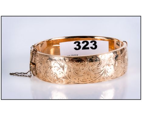 Edwardian 9ct Gold - Metal Core Hinged Bangle with Engraved Decoration. Excellent Condition. 