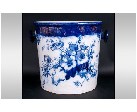 K & CB Late Mayers Staffordshire Two Handle Large Blue and White Pot. c.1840's. Floral Decoration. 10 Inches High 10.25 Inche